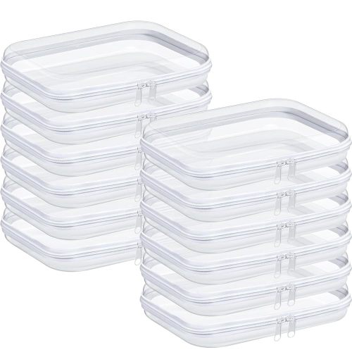 12 Pack Clear Hard Zipper Cases Transparent Hard Plastic Zipper Pouches Durable PVC Makeup Bags Cosmetic Snack Storage Organizer, Travel & Home Essentials (White, 10 x 8 x 2 Inch)