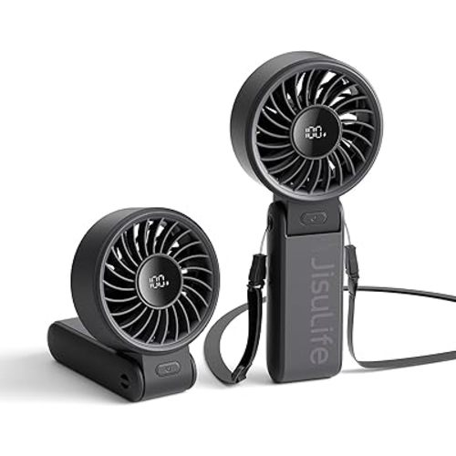 JISULIFE Handheld Fan Life7 – Ultimate Flexibility: Wide & Strong Airflow, 19.5H Max Cooling, 5000mAh Rechargeable, 5-Speed, LED Display, 3 IN 1 Portable Fan for Travel, Concerts, Sports Events(Black)
