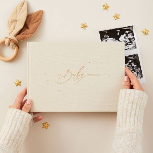 Luxury baby memory book (Natural cotton cloth with gold foil and gilded edges) gift for new parents, keepsake record book and journal
