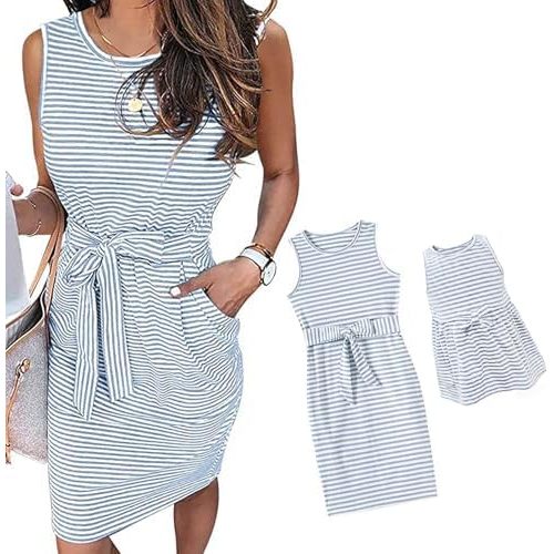 IFFEI Mommy and Me Dresses Womens Summer Sleeveless Striped Girls Dress Casual Tie Waist Mini Matching Family Dresses