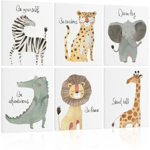 HLJ ART Safari Animal Poster Set: Inspirational Quotes Kids Wall Art, 6 Framed Polyester Panels for Nursery Decor