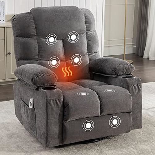 360 Swivel Lazy Boy Recliner Chair with 2 Cup Holders, Heated & Massage Function, Adjustable Backrest, USB Port & 2 Side Pockets for Adults (Grey)
