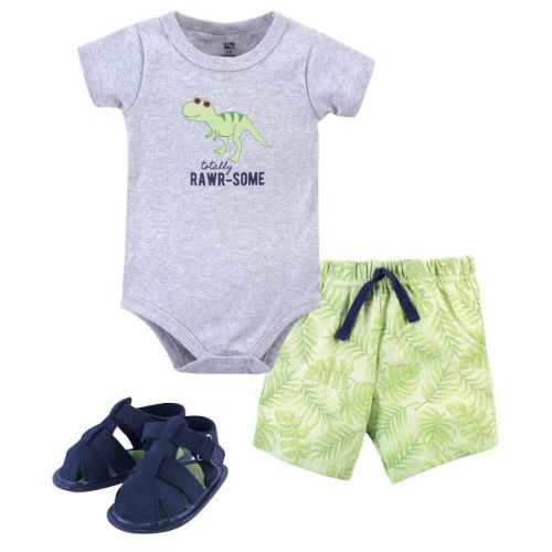 Hudson Baby Infant Boy Cotton Bodysuit, Shorts And Shoe 3pc Set, Rawr-some Dino, 3-6 Months