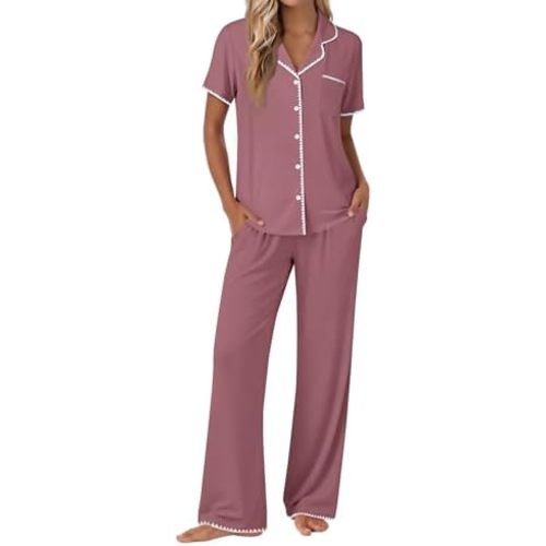 Ekouaer Pajamas for Women Set Button Up Soft Pjs Short Sleeve 2 Piece Lounge Sets Comfy Sleepwear