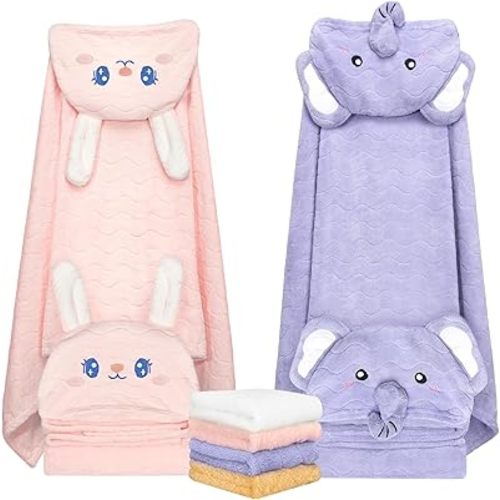 6 PCS Toddler Bath Towel Set for Boy Girl 0-5 Year, 2 PCS Thick Absorbent Hooded Baby Bath Towels Large 55" x 27.5" & 4 PCS Washcloths, Ultra Soft Gift for Infant, Toddler, Kids, Rabbit & Elephant