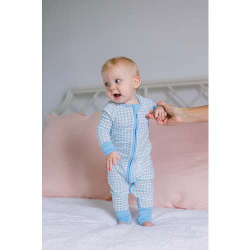 Light Blue Gingham Premium Zipper Romper – Poppy Kids Co