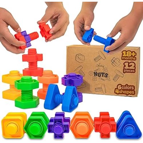 Skoolzy Plastic Nuts and Bolts 12 Piece - Kids Nuts and Bolts - Toddler Engineering Toys for 18+ Months - Screw Toys for Toddlers