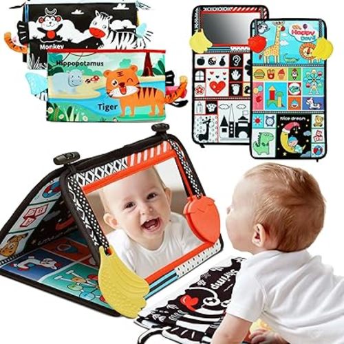 Baby Mirror Toys 0-6 Months - Tummy Time Toys 0-3 3-6 Months with Crinkle Cloth Books, High Contrast Newborn Sensory Toy for Babies 0-6 Months