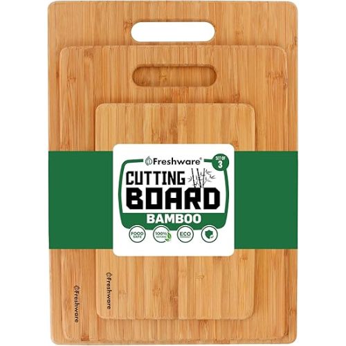 Bamboo Cutting Boards for Kitchen [Set of 3] Wood Cutting Board for Chopping Meat, Vegetables, Fruits, Cheese, Knife Friendly Serving Tray with Handles