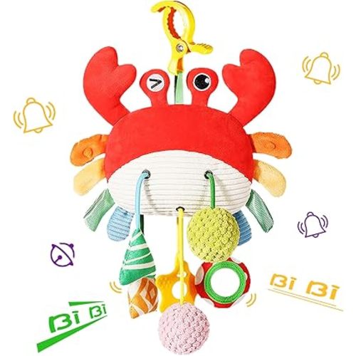 Car Seat Toys for Babies 0-6 Months, Crab Stroller Toy with Clamp,Mirror, Little Bell, Rattles, Crinkle, Squeaky,Baby Toys for 3-6 Months, Newborn Toys,Best Baby Ideal Gift for Ages 0 and Up