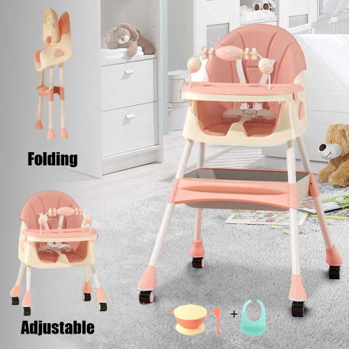 MONEHANE 4-in-1 Baby Highchair Adjustable Kid Chair Baby Dining Chairs Eat & Grow Convertible High Chair with Five-point Snap Button, Double-layer Dinner Plate and Toy Rack, Pink