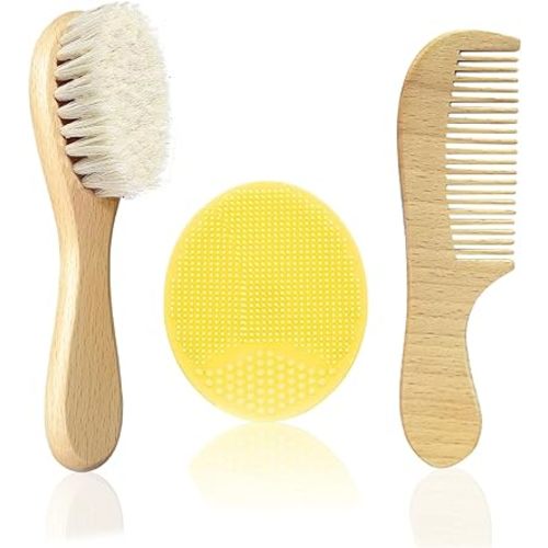 Baby Hair Brush with Wooden Handle and Comb Set for Newborns & Toddlers | Natural Soft Goat Bristles l Wood comb l Yellow Silicone Brush| Ideal for Cradle Cap (3PCS)