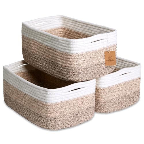 NaturalCozy 13.5”x8.5”x5.5” Storage Baskets for Shelves 3 Pack | Cotton Rope Woven Small Baskets for Organizing | Small Storage Bins for Nursery, Bathroom, Closet, Cube Shelf, Decorative, Gift