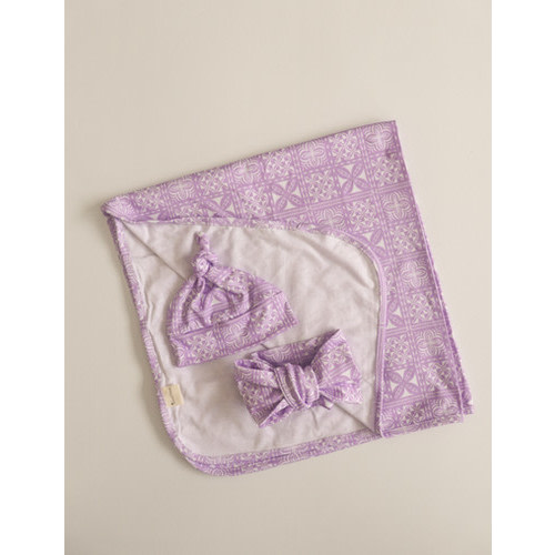 Organic Cotton Polynesian Island Pattern Swaddle 3 piece set (lilac)