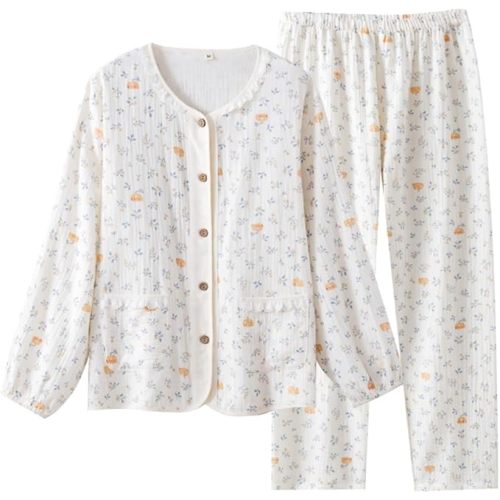 vctops Womens 2Pcs Cotton Pajamas Set Cute Pumpkin 100% Muslin Gauze Long Sleeve Shirt Button Down Sleepwear with Long Pants