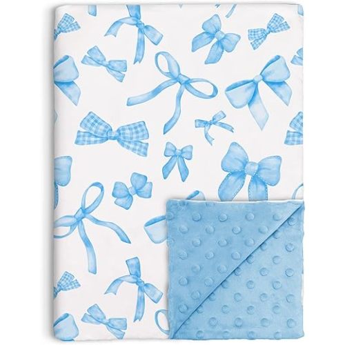 Blue Bow Baby Blankets for Unisex Boys Girls, Soft Double Layer Minky with Dotted Backing, Cute Bowknot Theme Nursery Newborn Infant Baby Crib Receiving Blanket Bows Newborn, 30" x40