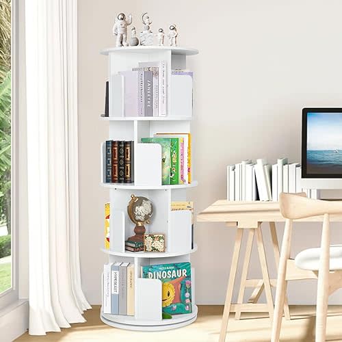 Rotating Bookshelf,Wooden Rotating Corner 4-Tier 360 Display Spinning Floor Standing Bookcase White Stackable Bookshelf Storage Rack Organizer for Small Space Bedroom Living Room Study Room