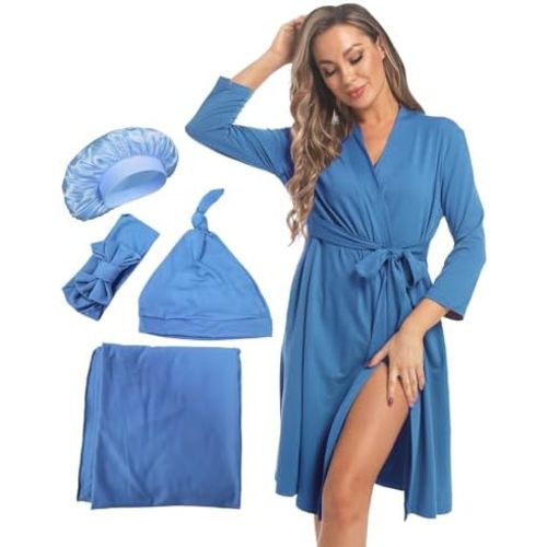Maternity Robe with Matching Swaddle Set Soft Maternity Gown Long Sleeves Mommy Robe Receiving Blanket Set