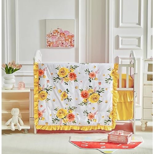 3 Pieces Flowers Crib Bedding Set Baby Ruffled Quilted Comforter with Fitted Sheet and Bed Skirt - Cute Ruffled Shabby Chic Baby Bedding Soft Blanket Floral Design