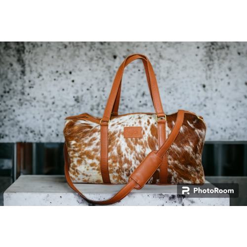 Cowhide Duffle Bag Cowhide Gym Bag Travelling Bag Overnight Bag Brown and White Cowhide Bag Leather Duffel Bag