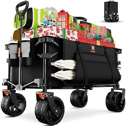 Navatiee Big Wheels Collapsible Wagon Cart Foldable, Heavy Duty Beach Wagon with Silent All-Terrain Wheels, Folding Utility Grocery Cart with Side Pocket and Brakes for Camping Garden Sports, Black