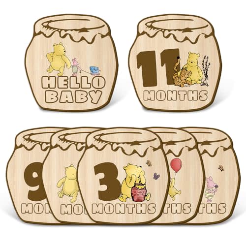7Pcs Winnie Monthly Milestone Markers Double Sided Honey Pot Months Wooden Signs for Baby Boy Girl Announcement Wood Discs with Hello World for Newborn Photo Prop
