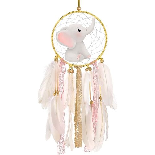 CIOEY Elephant Dream Catcher for Girls Feather Dream Catchers for Kids Bedroom Wall Hanging Decoration Handmade Decor Nursery Wall Art Ornament Craft Native American Decor Birthday Gift (Pink)