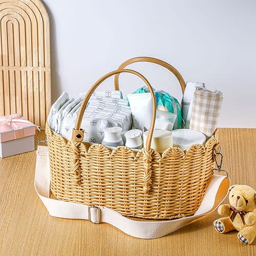 Baby Diaper Caddy Organizer Crafted Scalloped Rattan Basket with Shoulder Strap Luxurious Diaper Caddy Basket 2 Pcs Detachable Compartments Included for Baby Shower Gifts Newborn
