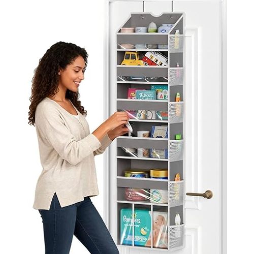 Over The Door Organizer with 6 Large Clear Pockets 12 Mesh Side Pockets - 50LB Heavy Duty Behind Door Storage, Door Hanging Storage for Closet Bathroom Pantry Nursery Laundry