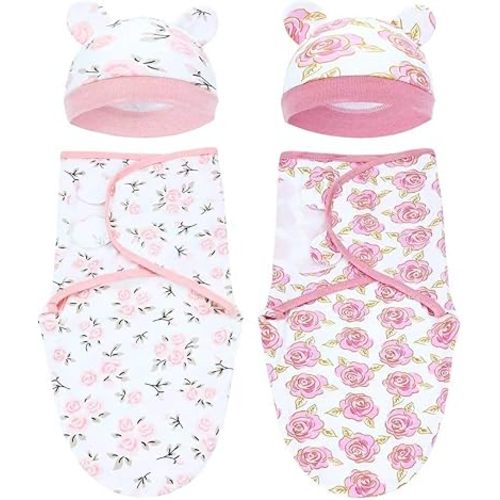 2 Sets Adjustable Soft Cotton Blend Newborn Infant Baby Girl Receiving Swaddle Blankets Sleep Sacks with Matching Nursery Hats Caps Beanies Bonnets (Set 2)