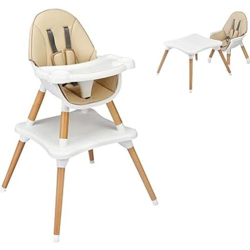 HONEY JOY Baby High Chair, 5-in-1 Convertible Wooden Highchair for Babies and Toddlers/Table and Chair Set/Booster Seat/Toddler Chair with Safety Harness, 4-Position Removable Feeding Tray (Khaki)