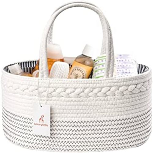 luxury little Diaper Caddy Organizer, Large Cotton Rope Nursery Basket, Changing Table Baby Diaper Storage Portable Car Organizer with Removable Divider, Baby Shower Gifts - White