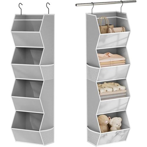 Hanging Closet Organizer 4 Shelf Collapsible Bedroom Closet Organizers and Storage Hanging with Mesh Pockets for Clothes, Fabric Hanging Storage Bins for Wardrobe Closet Organization and Storage, Grey