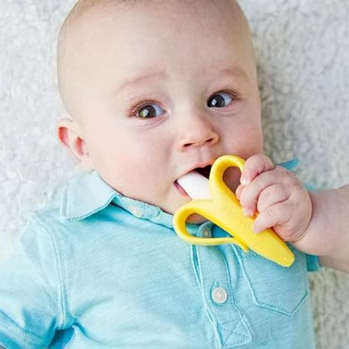 Baby Banana Yellow Banana Infant Toothbrush, Easy to Hold, Made in the USA, Train Infants Babies and Toddlers for Oral Hygiene, Teether Effect for Sore Gums, 4.33" x 0.39" x 7.87", BR003 - Yellow Banana (Infant)