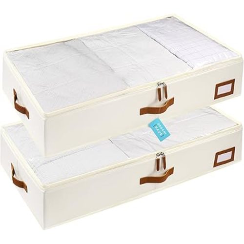 OrganiHaus Set of 2 Medium Under Bed Storage Containers with Leather Handles and Label Holder, Closet Bins for Dorm Room Storage Box and Clothes Organizers - 23" L x 12" W x 6" H - Full Off White