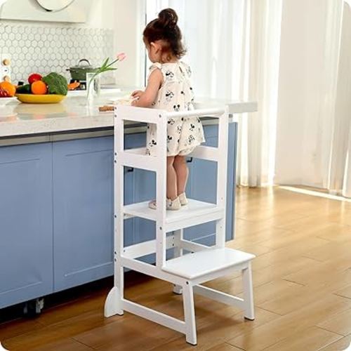 Mother's Helper Adjustable Height Kitchen Step Stool, Kids Helper Learning Stool Toddler Tower with Safety Rail for Kitchen Counter, Montessori Kitchen Stool (White)