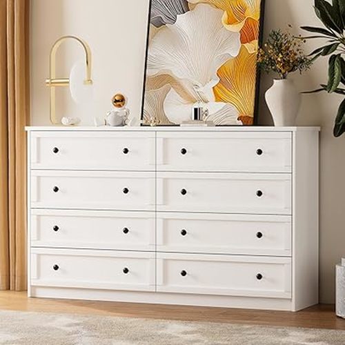 8 Drawer Double Dresser for Bedroom, 55.1" Wide Dressers & Chests of Drawers with Large Capacity Storage,White Dresser for Bedroom,Hallway,White