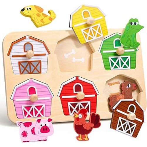 JoyCat Wooden Puzzles for Toddlers 1-3, Montessori Toys for 1 2 Year Old Boy Girl Birthday, Animal Match Farm Peg Puzzles, Preschool Learning Toys for Toddlers Age 1-2