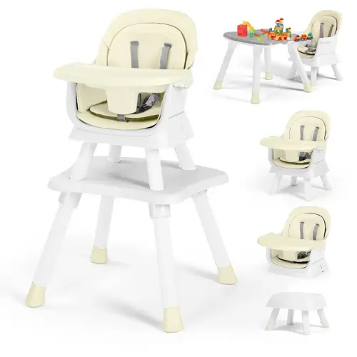 Kinder King 8 in 1 Baby High Chair, Coverts to Dining Booster Seat/Kids Table & Chair Set/Toddler Building Block Table/Kids Stool, Removable Tray & Double Seat Cover, Easy to Wipe, Beige & White