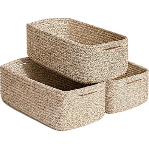 Goodpick Storage Baskets, Small Baskets for Gifts Baskets for Shelves Basket Closet Shelf Organizer Rope Baskets for Organizing for Towels 3 Pack, White & Brown, 11 x 7 x 4.5 in