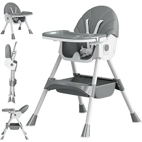Baby High Chair, 5 in 1 High Chairs for Babies and Toddlers, Travel Foldable High Chair with Foot Rest, Detachable PU Cushion, Double Removable Tray, Adjustable Height & Recline