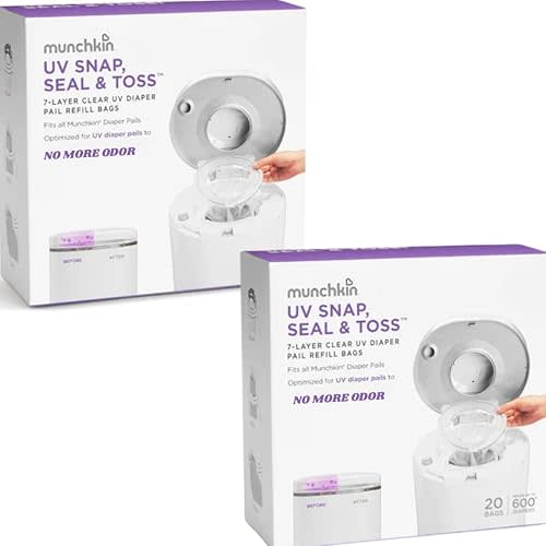 2 Munchkin UV Snap, Seal & Tos Diaper Pail Refill Bags, Each Holds up to 600 Newborn Diapers, 20 Pack