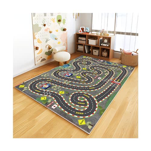 Kids Rug Car Rugs for Kids Toy Cars Play Mat City Life Road Rug for Cars Fun City Map for Carpet for Bedroom Boys (Wilderness Speed, 31 * 47 inches)