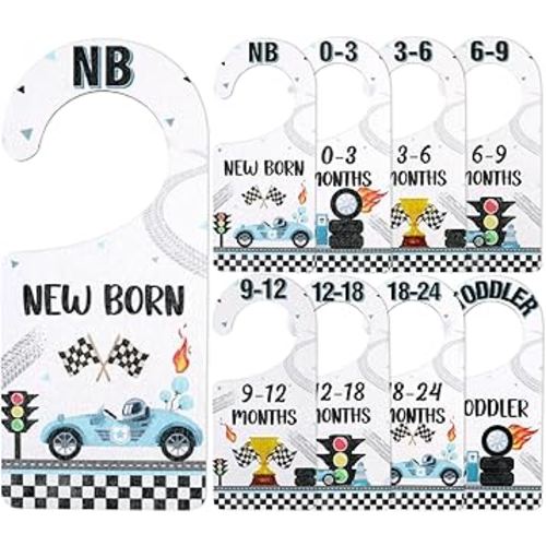 Baby Closet Dividers 8PCS, Racing/Race Car Theme Wooden Double-Sided Clothes Size Hanger Organizer from Newborn to Toddler for Nursery Decor Baby Shower Birthday Gift (Includes Gift Box)