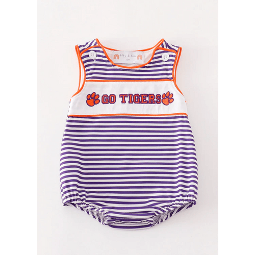 Purple stripe GO TIGERS embroidery boy bubble - Clemson