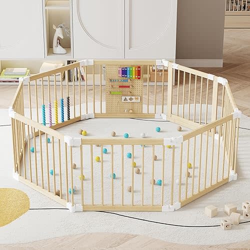 EXPERLAM Wooden Baby Playpen, 58x58x23 in Foldable Solid Wood Playpen for Babies and Toddlers, Adjustable Baby Fence with Locking Gate & Activity Panels, Portable Indoor Toddler Play Yard