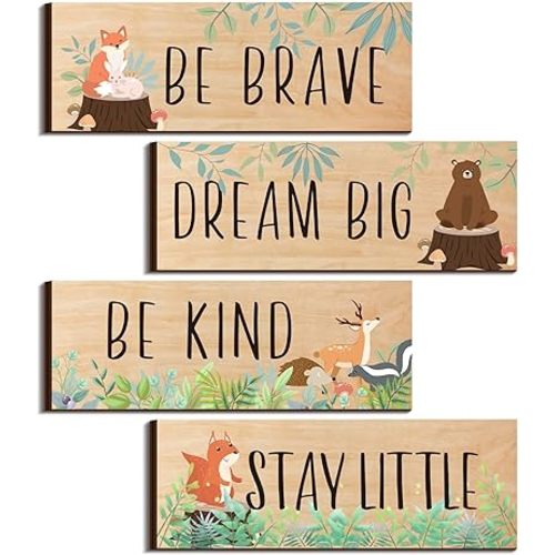 4 Pieces Woodland Nursery Decor Safari Nursery Decor Cute Jungle Animal Room Decor Nursery Decorations for Bedroom Room 11x 3.9 Inches(Cute Animals,Light Brown Background)