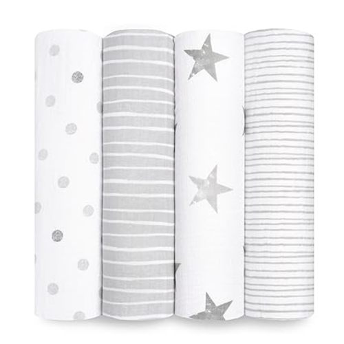 aden + anais Essentials Muslin Swaddle Blankets for Baby Girls and Boys, Newborn Receiving Blanket for Swaddling, 100% Cotton Baby Swaddle Wrap, 4 Pack, Dusty