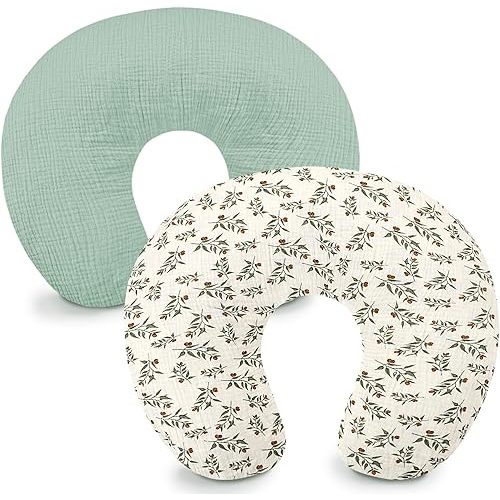 Hooyax Muslin Nursing Pillow Covers 2 Pack, Soft and Breathable Nursing Covers for Breastfeeding Pillows, Adorable Infant Feeding Pillow slipcover for Baby Boy and Girls (Green Leaf)