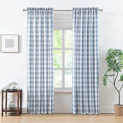 Buffalo Plaid Semi Sheer Curtains 84 Inches Long,Beige-Dusty Blue Buffalo Check Drapes for Bedroom Living Room,Farmhouse Gingham Window Treatment,Rod Pocket,40" Wx84 Lx2,Beige-Dusty Blue